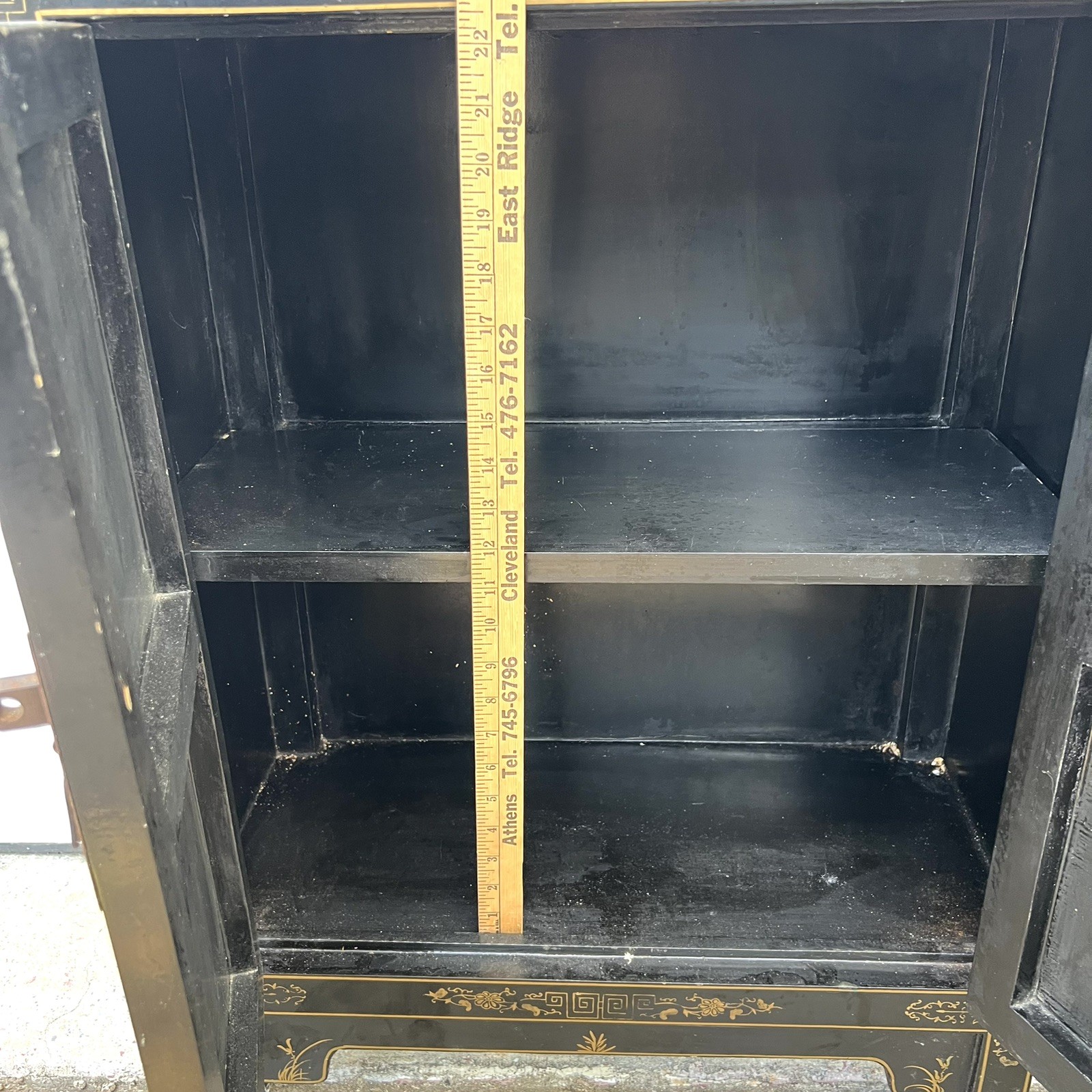 Chinese Black Lacquer Gold Hand Painted Cabinet Stone Relief Bird Flower MCM SEE