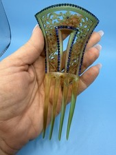 Vintage estate Edwardian Art Deco celluloid hair comb blue rhinestones