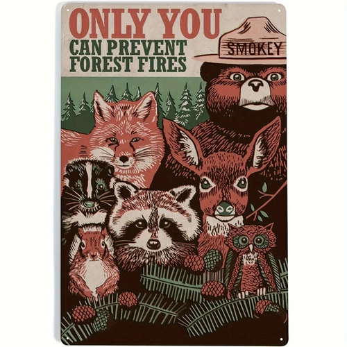 [Vintage Smoky Sign] Rustic 12x8 Inch Smoky the Bear & Friends Tin Metal Signs |