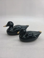 Vintage Set Of 2 Jade Green And Gold Glazed Ceramic Ducks Large & Small