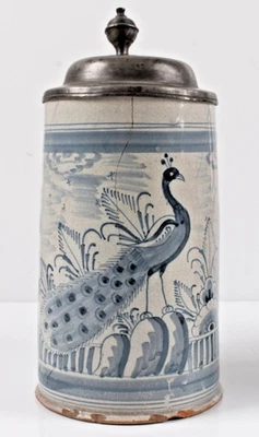 Fayence Walzenkrug Bayreuth 18.Jh | BP Pfeiffer zugeschr. | Pfau | Zinn | 23cm - Bild 1 von 4