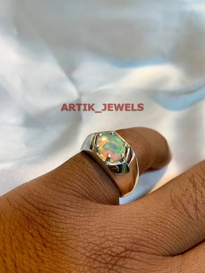 Piedra preciosa de ópalo de fuego natural con anillo de plata de ley 925 para hombre #195 Foto 4 de 4