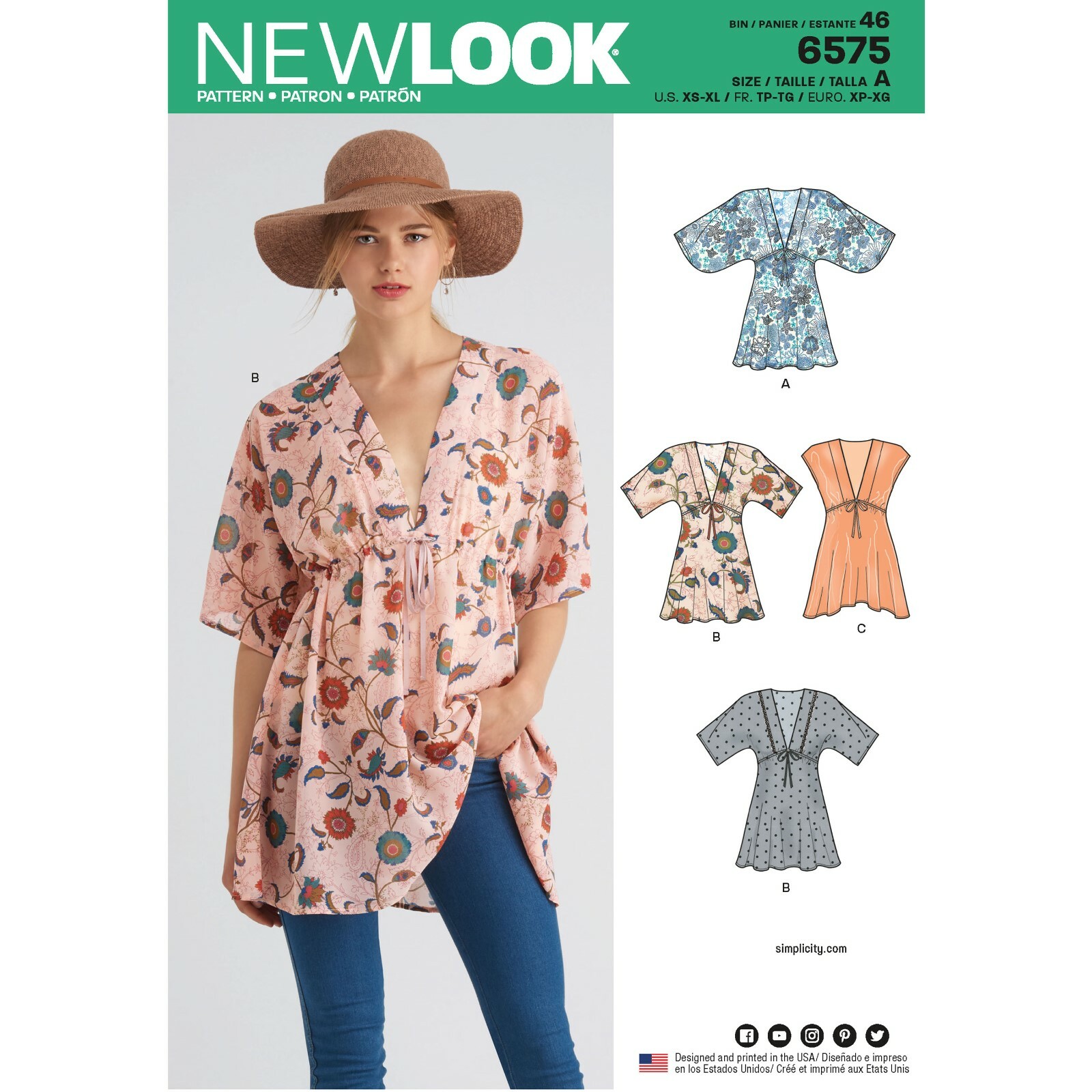 New Look SEWING PATTERN 6575 Misses' Tunics With Deep V-Neck Sizes XS-XL