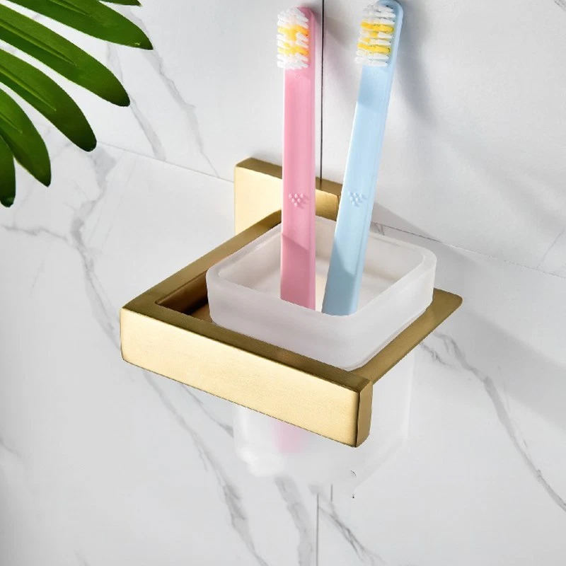 Bathroom Wall mounted Stainless Tumbler Toothbrush Cup Holder Set Brushed Gold - Image 2 of 4