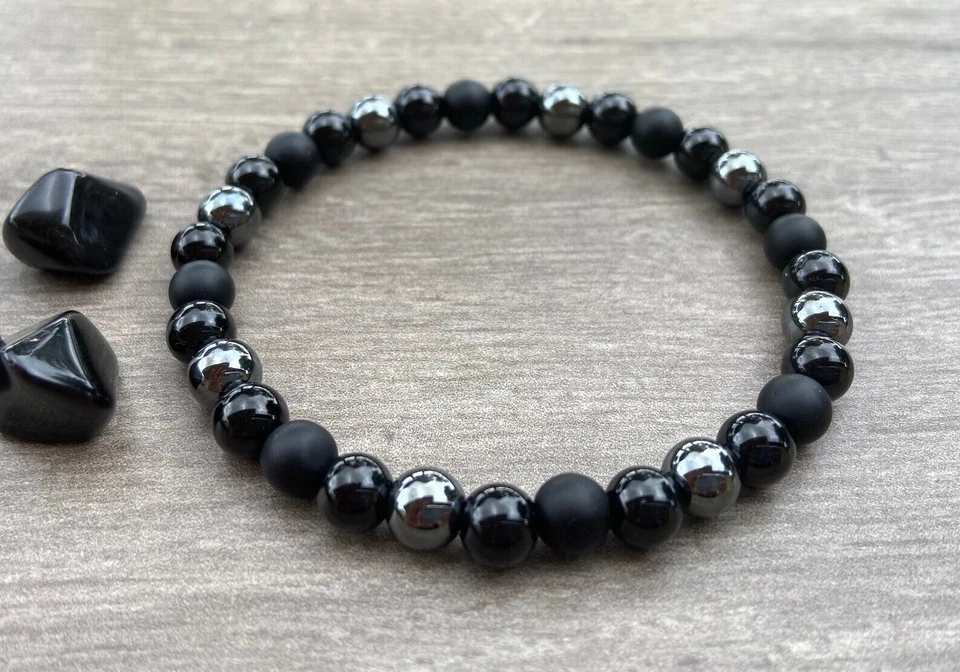 6mm Triple Protection Bracelet Black Tourmaline Gold Sheen Obsidian Black Onyx - Image 3 of 4