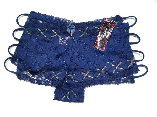 X0212 Native NEW Navy Floral Embroidered Net Side Open Window Hipster Boyshort S - Picture 3 of 5
