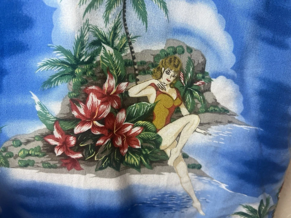 Y2K PIERRE CARDIN Shirt Mens Large L Hula PinUp Girl Beach Aloha Hawaiian Camp - Image 2 of 4