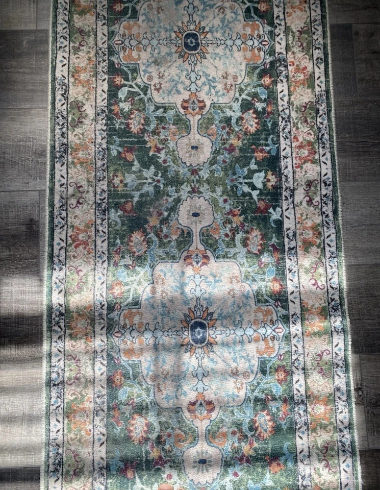 Per'sian Medallion Runner Rug 2.5 X 14.5 Floral Green Vintage Hallway - Image 4 of 4