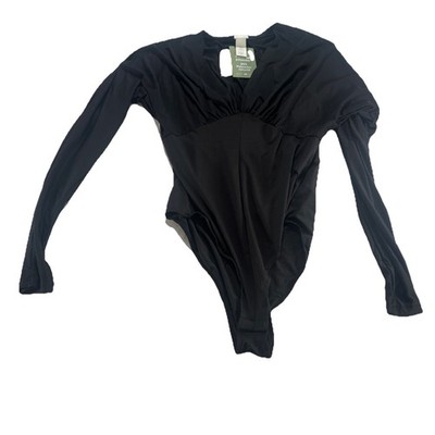H&M Conscious Choice Black Bodysuit NWT Medium M Long Sleeve Ruched V-Neck Top