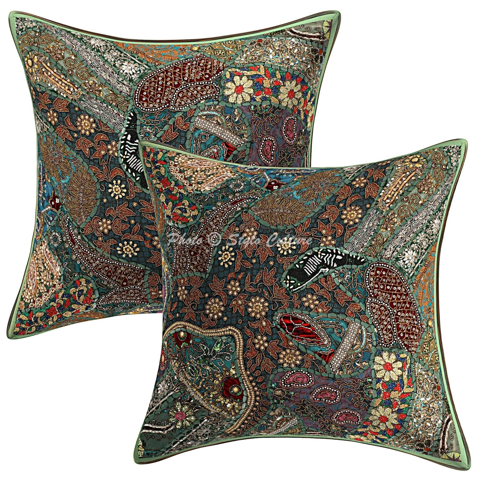 Indian Beaded Patchwork Throw Pillow Covers Cotton Floral 24x24 Cushion Cover