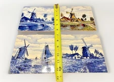 VTG Delft Tile Blue Multicolor Seascape Cottage 6x6 Nautical Set 4 Retro Large
