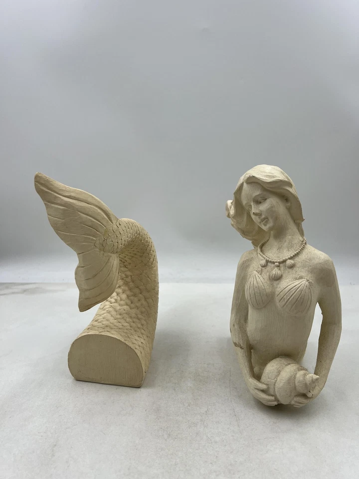 Mermaid Bookends Set of 2 Wood Carved Look Nautical Coastal Beach Decor Statue - Image 2 of 4