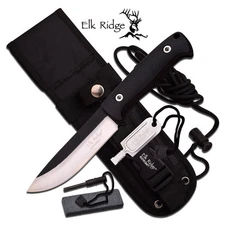 Bushcraft 10 3/8" Hunting SURVIVAL KNIFE w/Molle Sheath Fire Starter - Elk Ridge