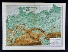 c 1885 Hartleben Map - German Reich - Physical C. Europe Germany Austria Bohemia