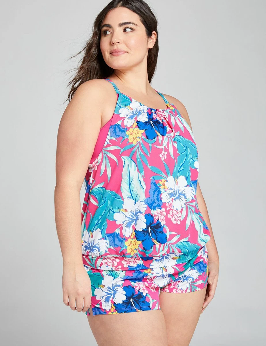 LANE BRYANT CACIQUE SWIM HIBISCUS TROPICS NO WIRE BRA BLOUSON TANKINI TOP  SZ 18