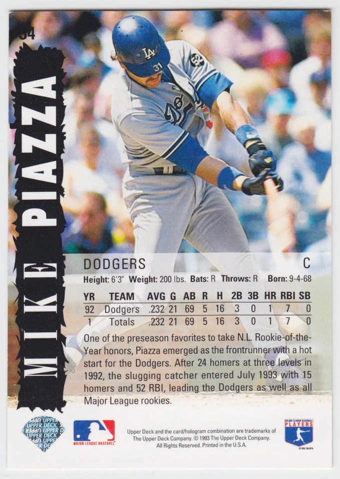 1993 Upper Deck - Diamond Gallery - Mike Piazza - #34 - Dodgers - NrMt - Image 2 of 4