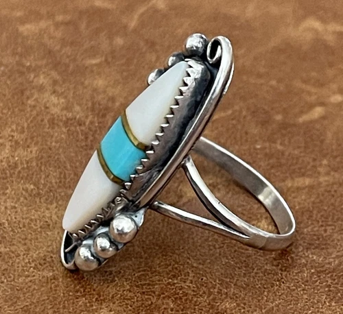 Vtg Native Navajo Kingman Turquoise & Mop Inlay Gold Thin Lines 925 Ring Size 7