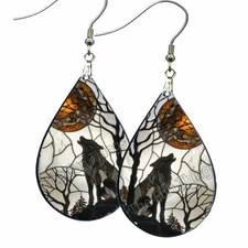 Faux Stained Glass Howling Wolf Full Moon Earrings NO TARNISH Wood Teardrop