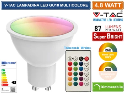 V-TAC SMART VT-2244 LAMPADINA LED GU10 4.8W FARETTO SMD RGB+W CCT DIMMERABILE