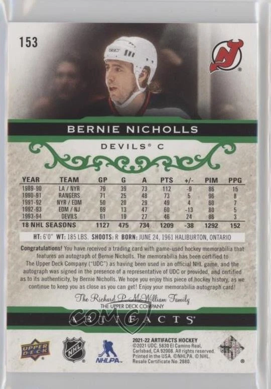 2021-22 Artifacts Legends Emerald Material Relics /15 Bernie Nicholls #153 Auto - Image 2 of 2