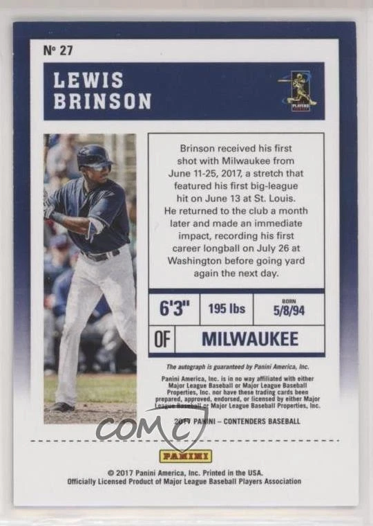 2017 Chronicles Contenders Rookie Playoff Ticket /25 Lewis Brinson #27 Auto RC - Image 2 of 2