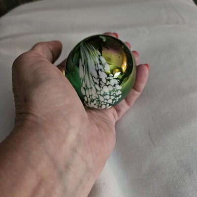 Vintage Iridescent Green & White Swirl Pulled Feather Design Paperweight. GROOVY