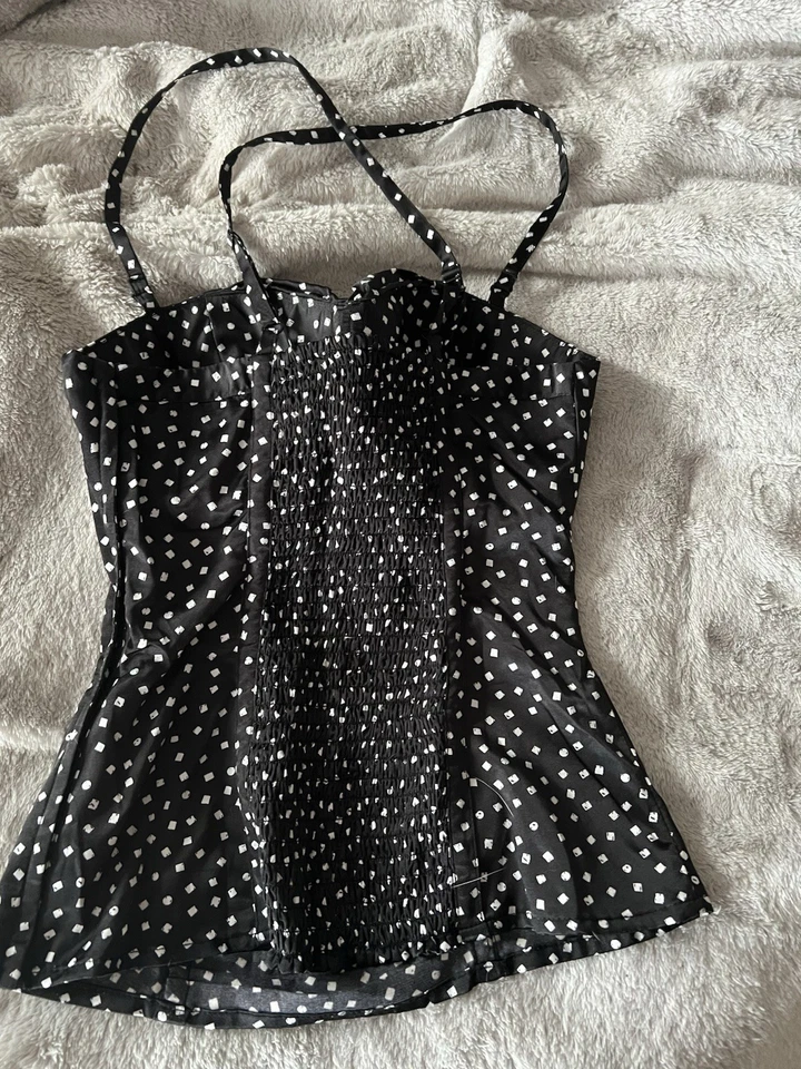 Top corsé vintage de satén negro Guess para mujer con lunares blancos cuadrados XS Foto 2 de 4