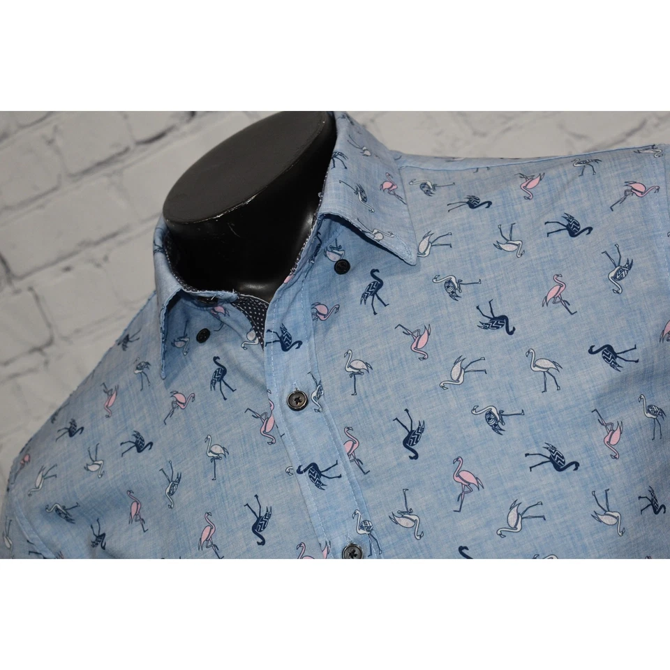 Jos. A. Bank Hawaiian Shirt Mens Size Medium Stretch Blue Pink Flamingo  - Image 2 of 4