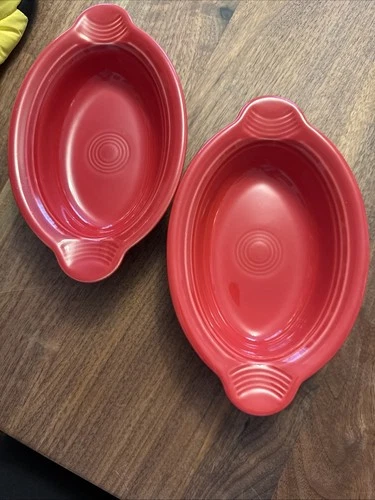 2 Fiestaware Oval Individual Baking Dishes Scarlet Red 9"x6” Bowl