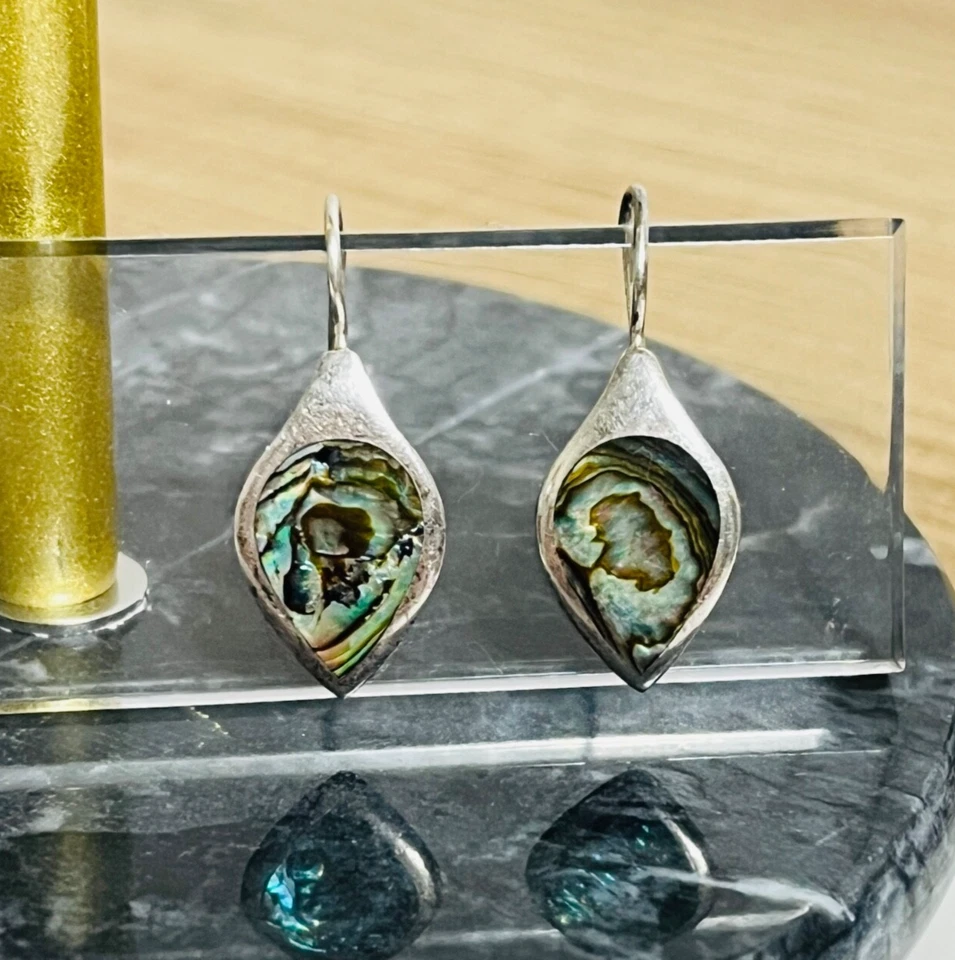 Pendientes con incrustaciones de concha de abulón de plata esterlina ganchos colgantes 925 SU importación de piedra solar Foto 2 de 4