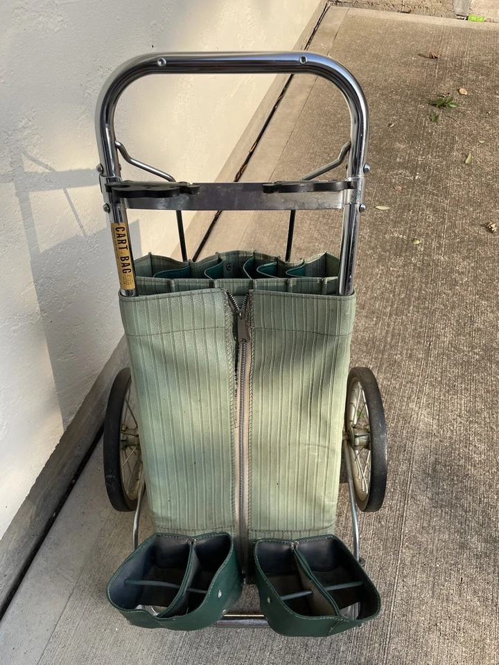 RARE VTG 1950’s Sit N Rest Golf Club Bag Rolling Push/Pull Cart Green - Image 4 of 4