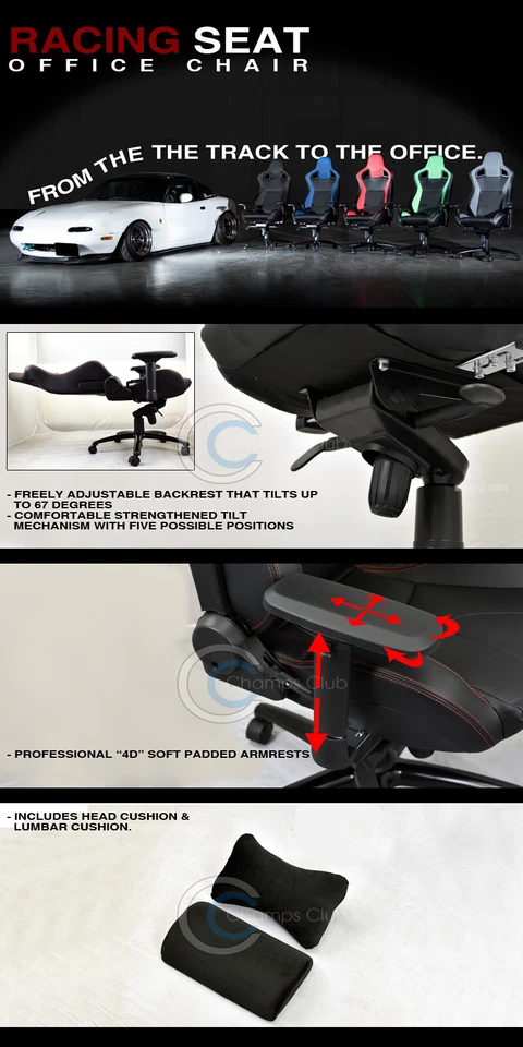 Universal Blk w/Red Stitches PVC Leather MU Racing Bucket Seat Office Chair Cl22 Foto 2 de 2