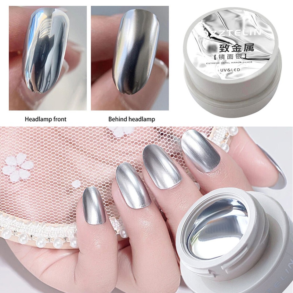 Metallic Silver Nail Polish Paint Glue Soak Off Gel Shiny Mirror