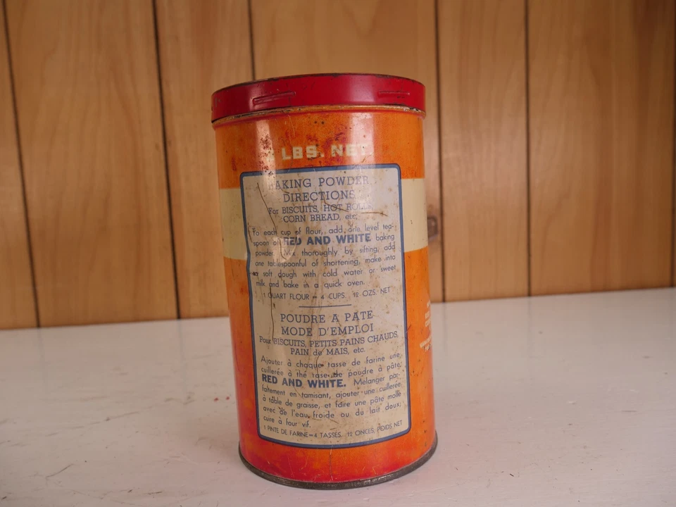 ANTIGO FERMENTO EM PÓ VERMELHO E BRANCO LATA LITHO COUNTRY STORE SUPERMERCADO LATA COMIDA 3 LBS - Imagem 3 de 4