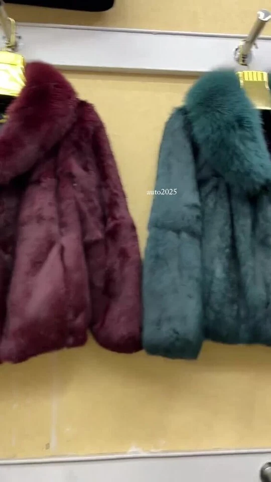 Real Rabbit Fur Coat with Fox Fur Collar Jacket Full Pelt Rabbit Fur Overcoat - Image 2 of 4
