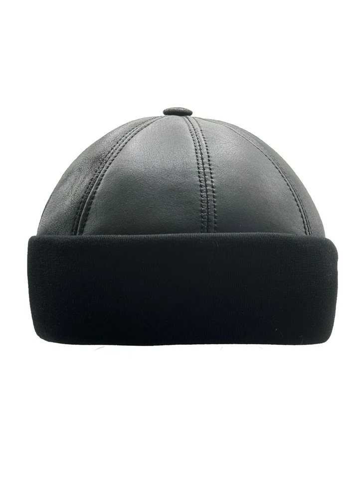 Negro Invierno Piel de Oveja Cuero Real Sombrero Piel Tejido Gorro Puño Redondo Cubo Invierno Foto 4 de 4