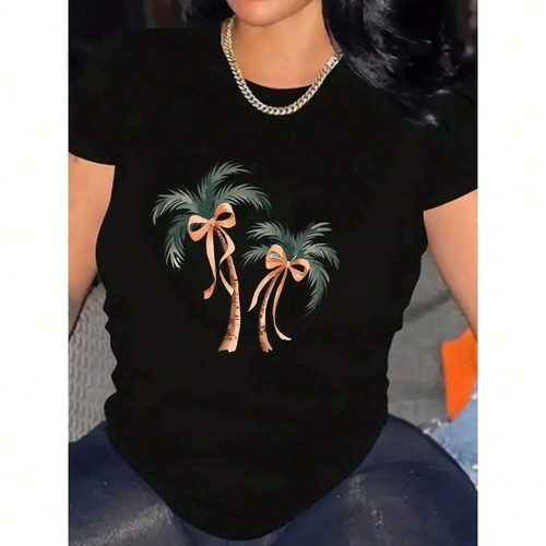 100% Cotton Ladies' Palm Tree Pattern T-shirt - Casual Summer Short Sleeve - Picture 7 of 13