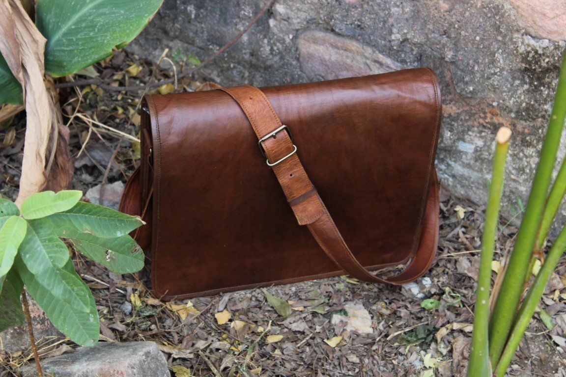 Borsa In Vera Pelle Tracolla Messenger Vintage Fatta A Mano - Marrone 28cm