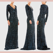 NWT IEENA Mac Duggal 14 26445 Long Sleeve Sequined Gown Midnight S1461