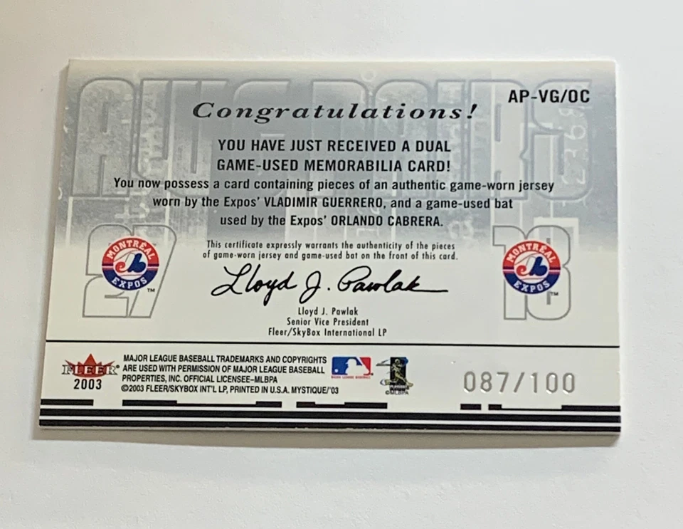 2003 Fleer Mystique Awe Pairs Game Worn & Bat /100 Vlad Guerrero O. Cabrera - P - Image 3 of 4