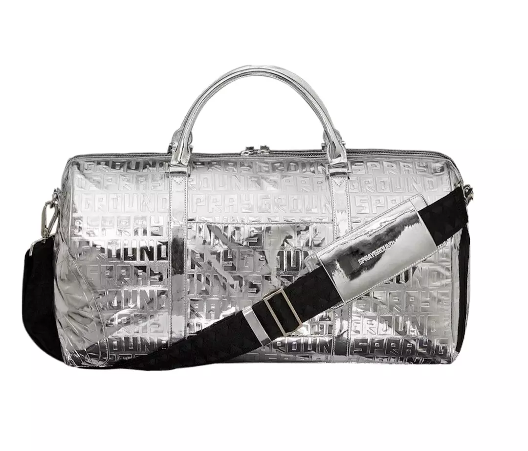 metallic silver duffle bag