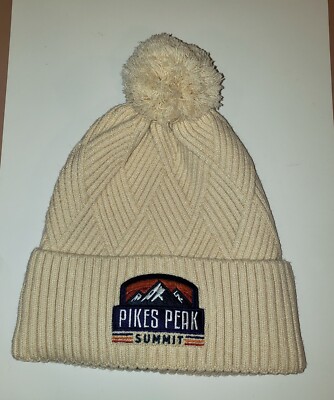NEW  Ivory Diagonal Weave Knit Cap Hat with Cuff Pikes Peak Summit Patch