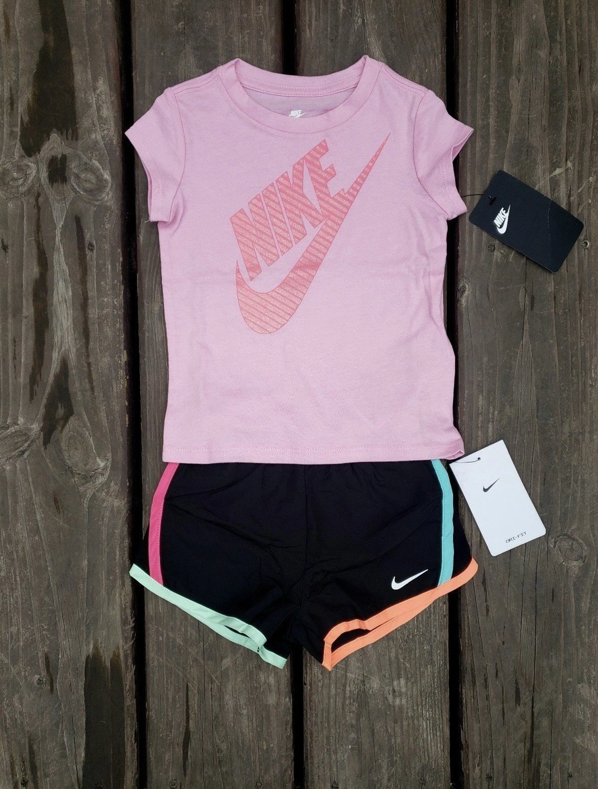 NEW Nike Girls 2 Piece Shorts Set, NEON Pink Black DRI-FIT 2T Infant Baby NWT