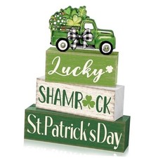 4 Pcs St Patrick's Day Table Decorations Greens Wooden Signs Block Shamrock