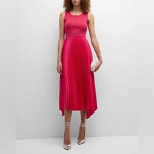 NWT Elie Tahari, Island Pink Mixed Media Pleated Midi Dress, Size Small