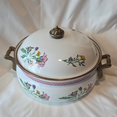 dar collection Floral Ceramic Round Casserole with Lid & Brass Handles, Used