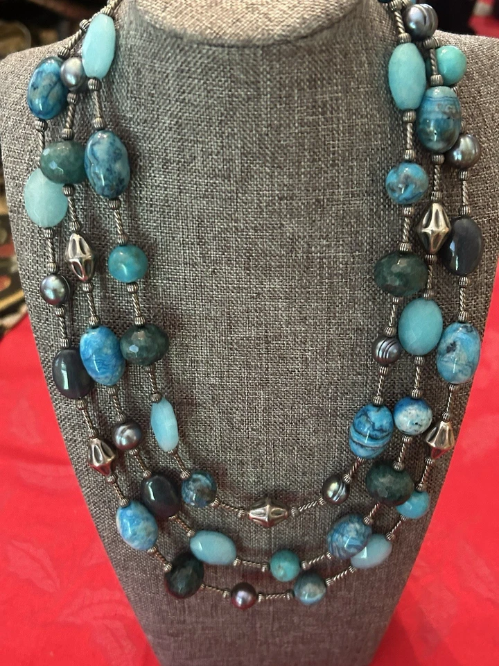 Collar Carolyn Pollack Oxidado Turquesa Esterlina 3 Hilos Piedras Preciosas Cuentas Foto 2 de 4