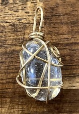 Polished Glass Clear Gold Tone Wire Wrapped Pendant 1.25  Handcrafted Crystal