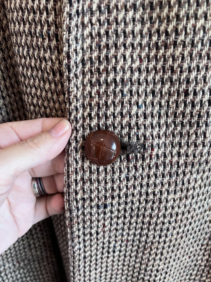 Post And Coach Mid Century 100% Wool Overcoat Brown Cream Check Size 44 - Image 3 of 4