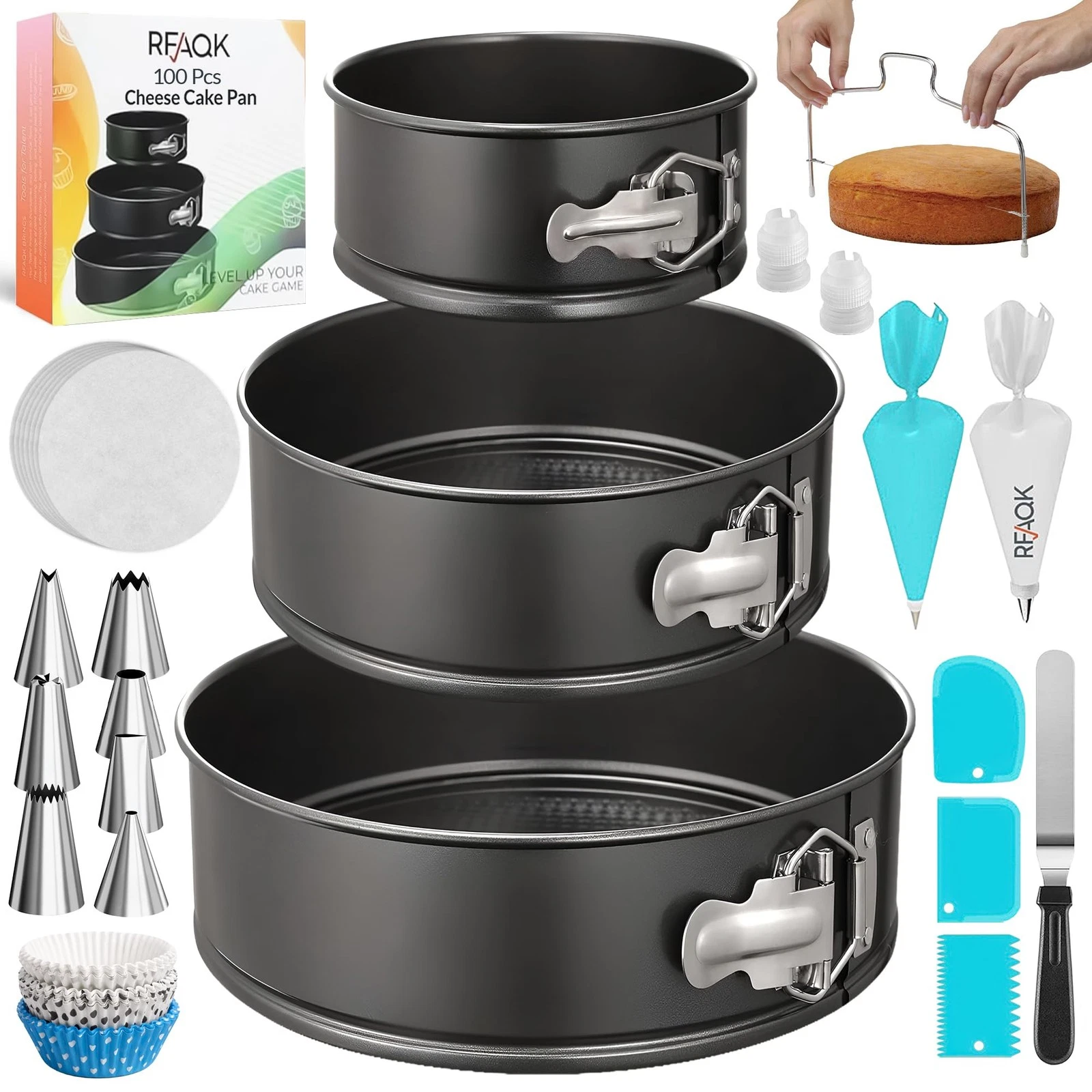 100pcs Cake Pan Sets for Baking + Cake Decorating Supplies: 3 Non-Stick Sprin...